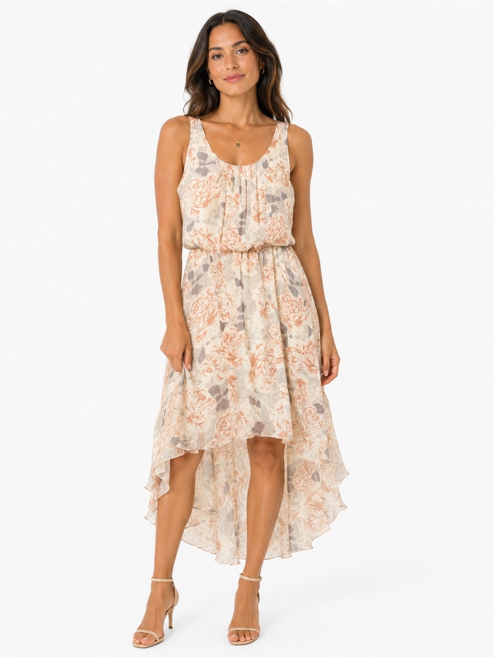Black Rainn Peach and Cream High-Low Floral Dress